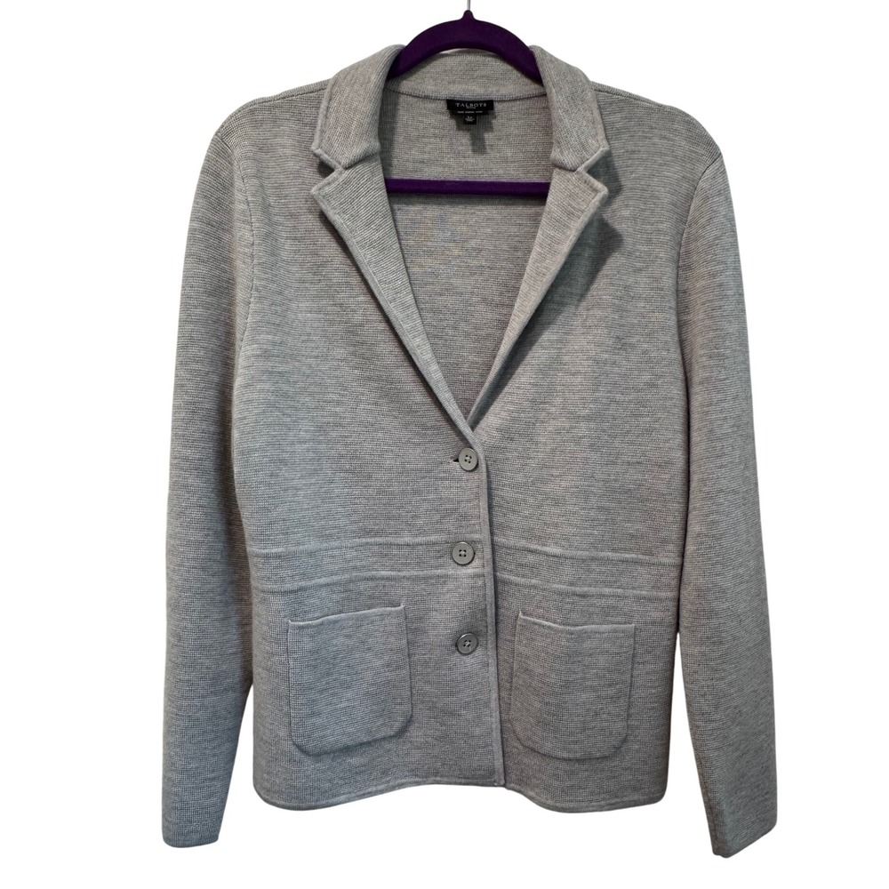 Talbots Petites Grey 100% Pure Merino Wool Knit Blazer Cardigan Sweater LP